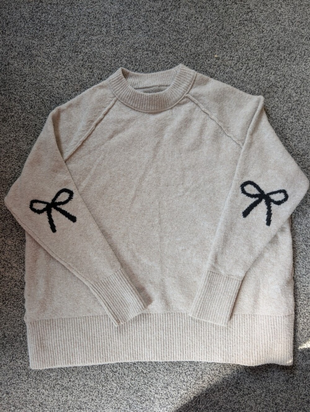 Oversized Aerie Cream Crewneck Sweater with Black Elbow Bows